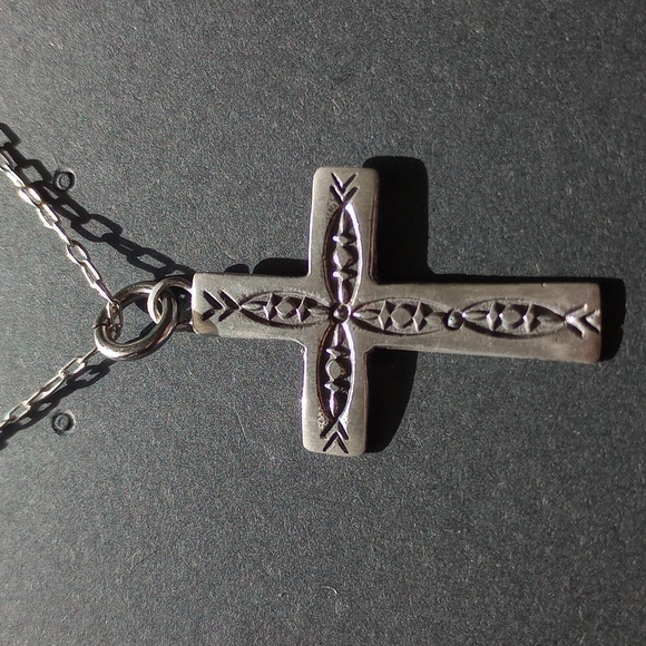 Sterling Silver Stamped Cross Pendant Necklace Signed - Picture 4 of 13